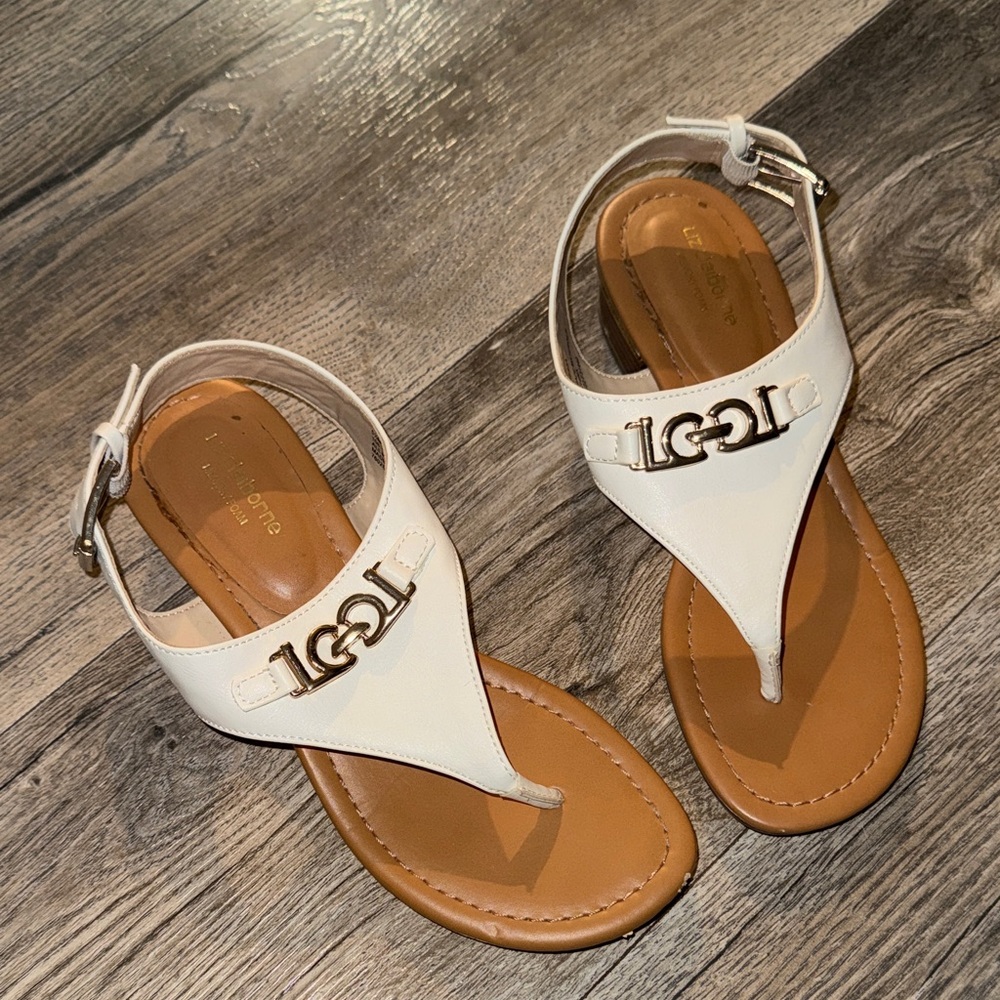 Liz Clairborne White and Tan Sandals with Gold Detail